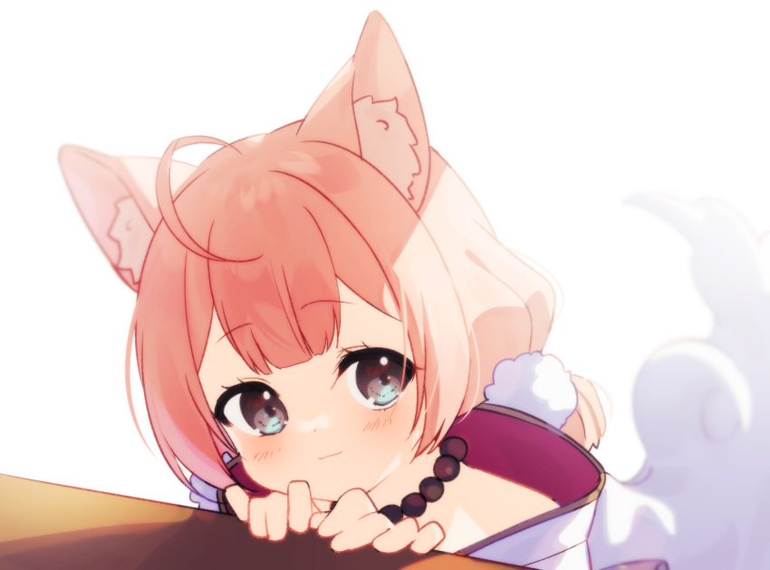 1girl ahoge animal_ear_fluff animal_ears backlighting bangs bead_necklace beads blush closed_mouth copyright_request eyebrows_visible_through_hair grey_eyes hands_up highres jewelry kitasaya_ai looking_at_viewer necklace pink_hair simple_background smile solo upper_body virtual_youtuber white_background