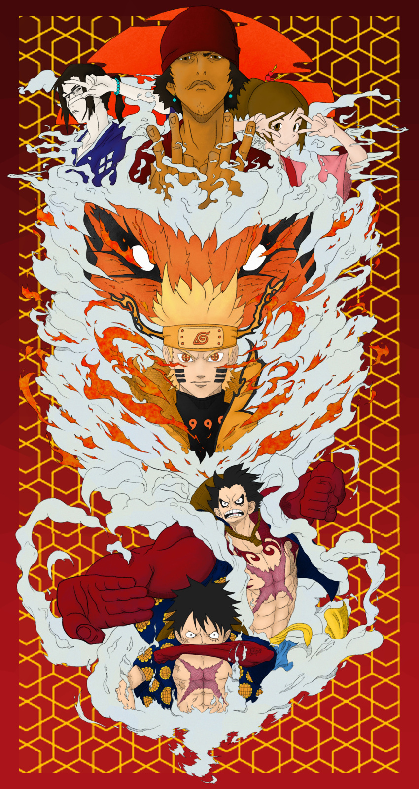 1girl 4boys absurdres black_hair blonde_hair brown_eyes crossover fuu_(samurai_champloo) headband highres jinnosuke jungxjung looking_at_viewer monkey_d._luffy mugen_(samurai_champloo) multiple_boys naruto naruto_(series) naruto_shippuuden one_piece samurai_champloo uzumaki_naruto