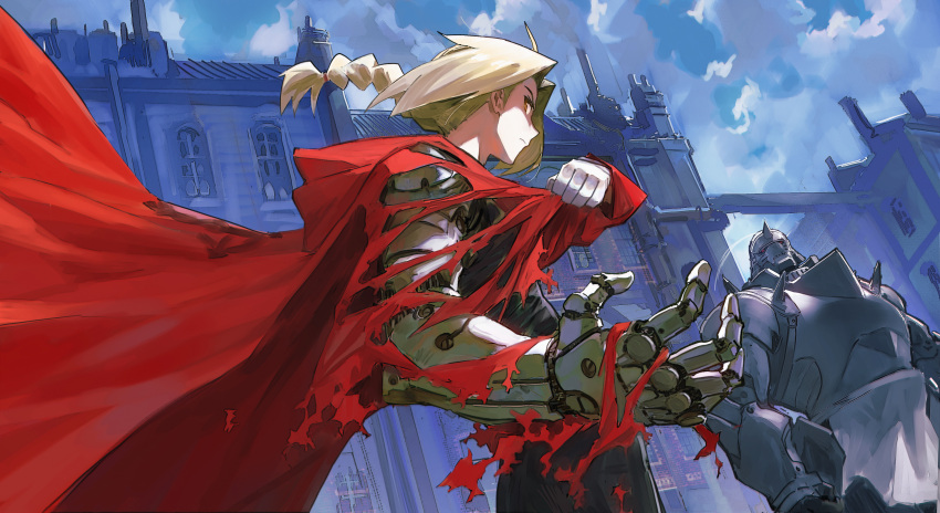 1boy 1other absurdres ahoge alphonse_elric armor automail blonde_hair brick building chimney clouds cloudy_sky coat commentary commentary_request edward_elric full_armor fullmetal_alchemist gloves hair_tie highres letro long_hair looking_back male_focus mechanical_arms outdoors ponytail prosthesis red_coat red_eyes screw single_glove single_mechanical_arm sky spikes torn torn_clothes white_gloves