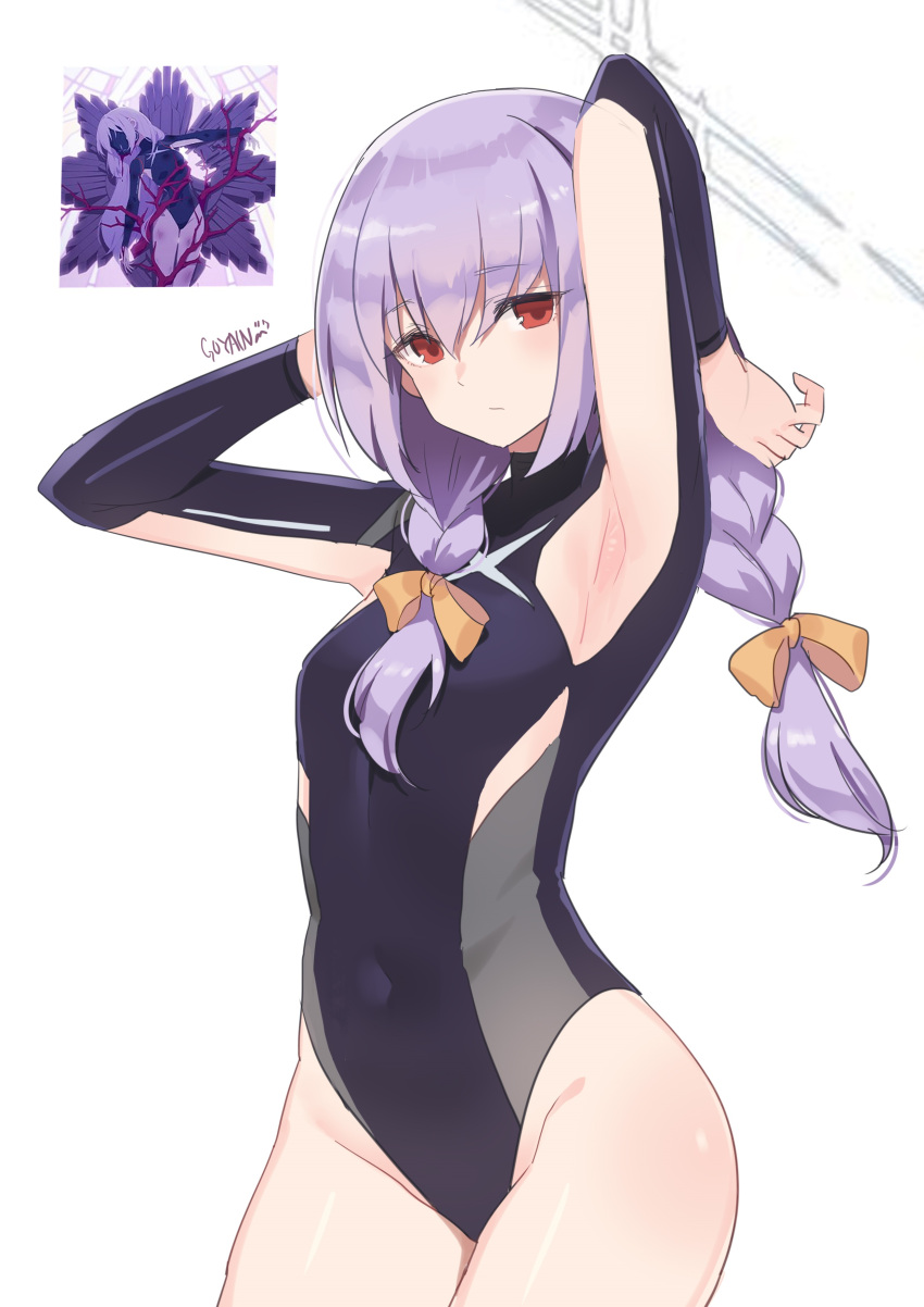 1girl absurdres armpits arms_up black_leotard blue_archive braid character_request covered_navel expressionless goyain groin highres leotard long_hair purple_hair red_eyes simple_background solo thighs twin_braids twintails white_background