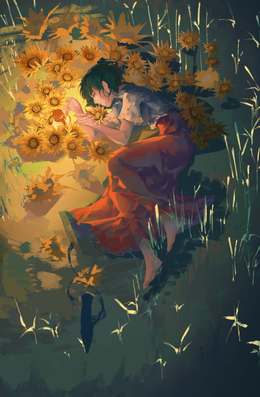 1girl absurdres barefoot closed_eyes commentary facing_to_the_side flower frilled_sleeves frills from_above full_body glowing grass green_hair highres kazami_yuuka lantern lying on_side parted_lips red_skirt shirt short_hair short_sleeves skirt solo sunflower touhou white_shirt worini yellow_flower