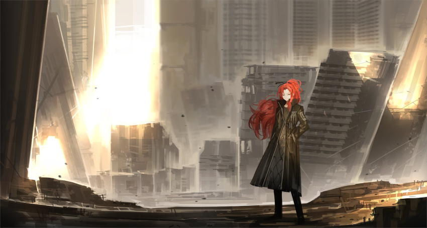 black_coat black_pants cityscape coat gebura_(project_moon) hands_in_pockets highres light_rays long_coat long_hair official_art pants ponytail project_moon redhead ruins scar scar_on_cheek scar_on_face scar_on_forehead sunbeam sunlight trench_coat