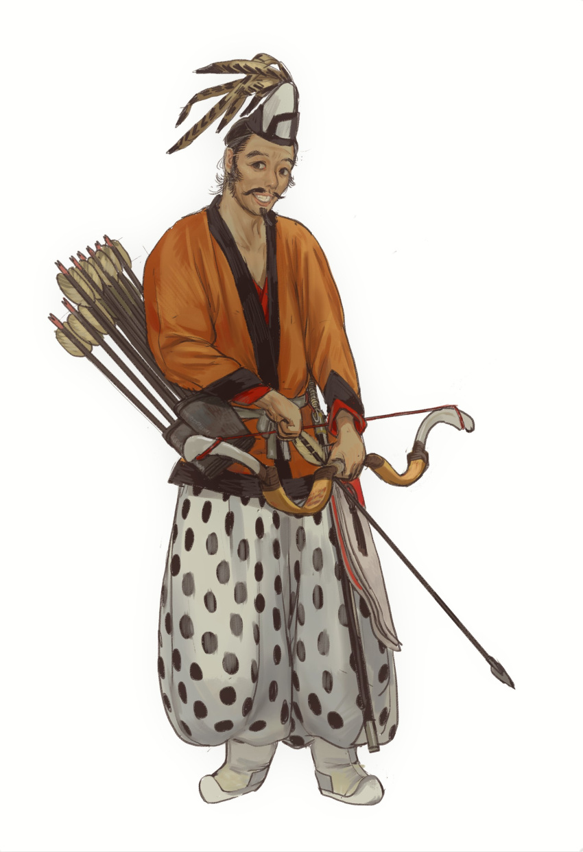 1boy absurdres arrow_(projectile) beard black_hair bow_(weapon) facial_hair full_body grin hat highres holding holding_arrow holding_bow_(weapon) holding_weapon korean_clothes long_sleeves looking_at_viewer male_focus mossacannibalis mustache original puffy_pants quiver short_hair simple_background smile solo weapon white_background