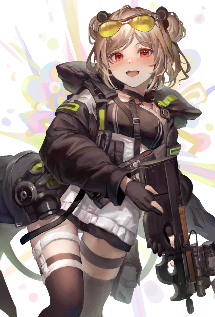 1girl absurdres black_gloves black_legwear bullpup cowboy_shot double_bun eyewear_on_head fingerless_gloves girls_frontline gloves gun hair_bun highres hood hooded_jacket jacket kinoruru_toiro light_brown_hair long_sleeves open_clothes open_jacket p90 p90_(girls'_frontline) solo standing submachine_gun sunglasses tactical_clothes thigh-highs tinted_eyewear weapon yellow-tinted_eyewear