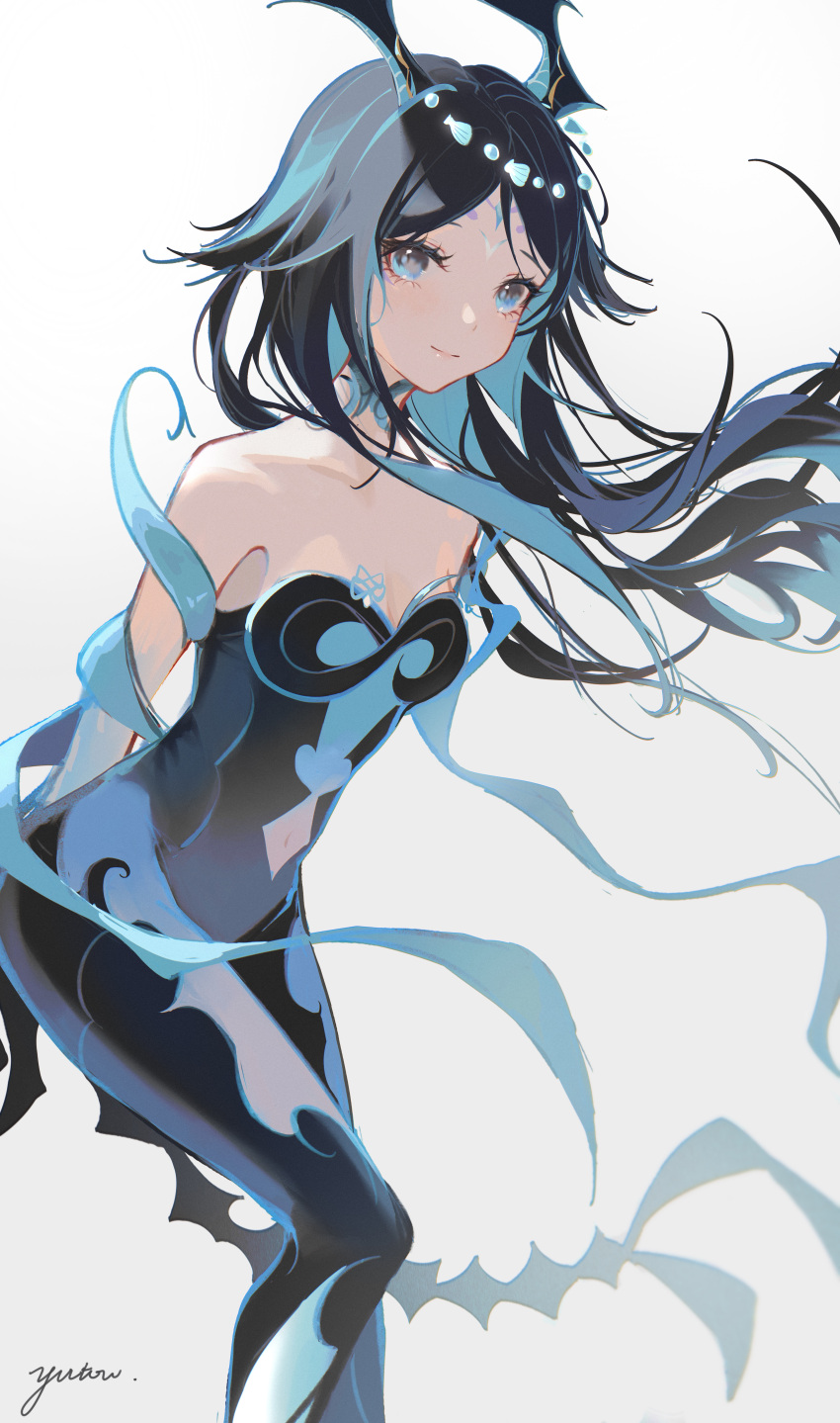 1girl absurdres black_hair blue_eyes blue_hair bonanus_(genshin_impact) breasts closed_mouth commentary facing_viewer genshin_impact highres horns leotard long_hair looking_at_viewer multicolored_hair signature smile solo thigh-highs white_background yutou75