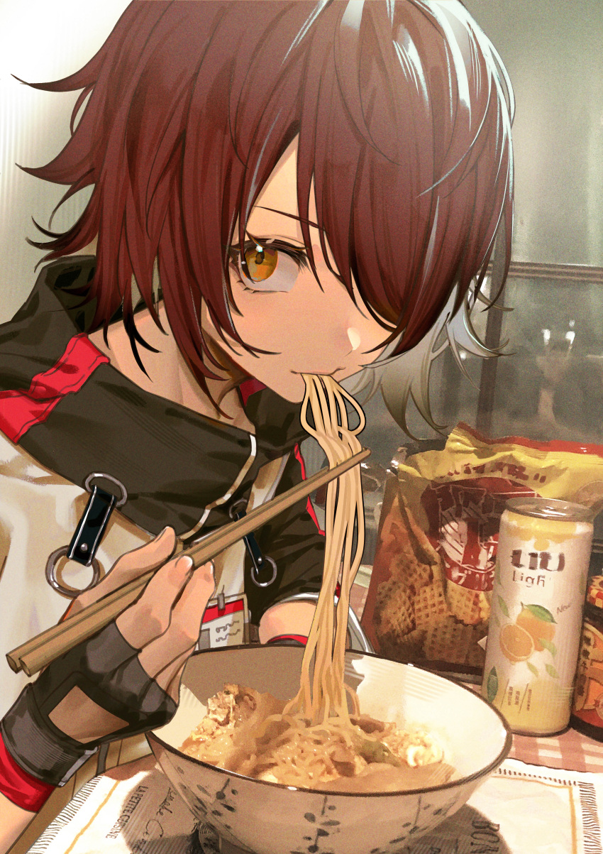 1girl a4-kalajiao absurdres arknights bangs black_gloves bowl brown_eyes can chopsticks eating exusiai_(arknights) fingerless_gloves food gloves hair_over_one_eye highres holding holding_chopsticks jacket looking_at_viewer noodles ramen redhead short_hair solo upper_body white_jacket