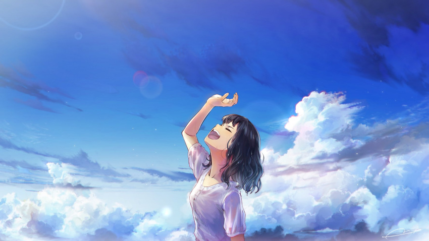 1girl artist_name bangs black_hair blue_sky buttons closed_eyes clouds collarbone facing_up from_side henceforth_(vocaloid) highres lens_flare m.b medium_hair open_mouth signature sky smile solo sweat teeth upper_body upper_teeth wavy_hair