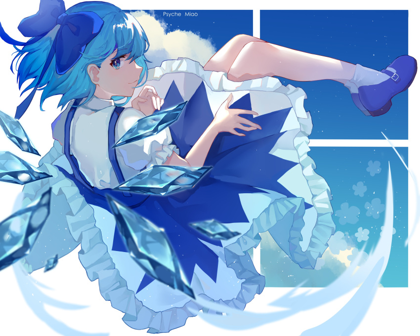 1girl absurdres artist_name blue_bow blue_dress blue_eyes blue_footwear blue_hair bow cirno closed_mouth commentary dress floating frilled_dress frills from_behind full_body hair_bow highres ice ice_wings looking_at_viewer looking_back mary_janes miaoling_(miaoling_33zenobia) pinafore_dress puffy_short_sleeves puffy_sleeves shirt shoes short_hair short_sleeves smile socks solo touhou white_legwear white_shirt wings