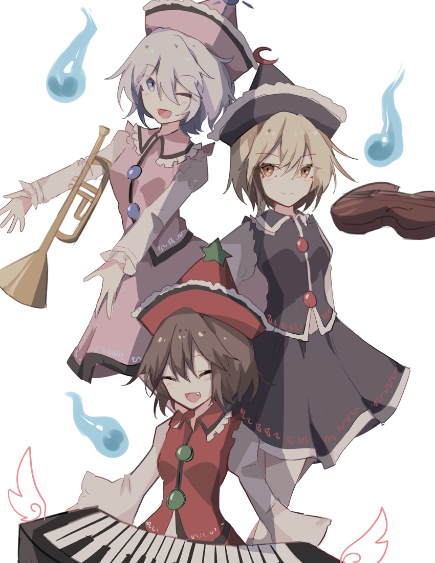 3girls ;d black_headwear black_skirt black_vest blonde_hair blue_eyes blush brown_hair closed_eyes closed_mouth crescent crescent_hat_ornament fang frilled_sleeves frills full_body hat hat_ornament highres hitodama instrument keyboard_(instrument) light_blue_hair long_sleeves looking_at_viewer lunasa_prismriver lyrica_prismriver merlin_prismriver multiple_girls one_eye_closed open_mouth pink_headwear pink_skirt pink_vest red_headwear red_vest shirt short_hair siblings simple_background sisters skirt skirt_set smile star_(symbol) star_hat_ornament touhou trumpet vest violin white_background white_shirt yellow_eyes zhuanjia710