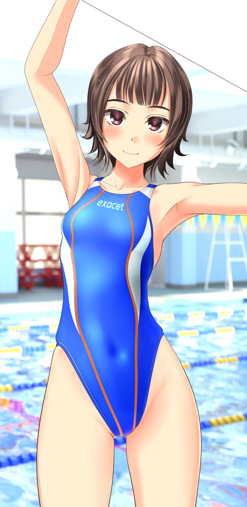 1girl absurdres arms_up blue_swimsuit blurry breasts brown_eyes brown_hair commentary_request competition_swimsuit covered_navel cowboy_shot depth_of_field highres indoors looking_at_viewer one-piece_swimsuit original outstretched_arms pool short_hair small_breasts smile solo standing swimsuit takafumi