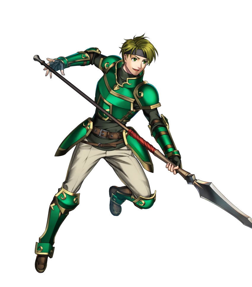 1boy armor artist_request bangs boots elbow_pads fingerless_gloves fire_emblem fire_emblem:_the_blazing_blade fire_emblem_heroes full_body gauntlets gloves gold_trim green_armor green_eyes green_hair headband highres holding holding_polearm holding_weapon knee_boots leg_up long_sleeves looking_away male_focus non-web_source official_art open_mouth pants polearm sain_(fire_emblem) short_hair shoulder_armor smile spear teeth transparent_background turtleneck weapon