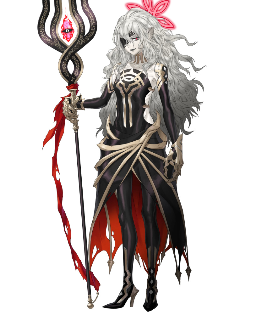 1girl animal_ears bangs black_dress claws closed_mouth dress embla_(fire_emblem) eyepatch fire_emblem fire_emblem_heroes full_body gold_trim grey_hair high_heels highres holding kozaki_yuusuke lips long_hair long_sleeves looking_at_viewer non-web_source official_art pale_skin pointy_ears red_eyes shiny shiny_clothes shiny_hair skirt smile solo staff standing transparent_background turtleneck