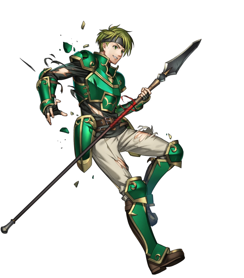 1boy armor artist_request bangs boots broken_armor elbow_pads fingerless_gloves fire_emblem fire_emblem:_the_blazing_blade fire_emblem_heroes full_body gauntlets gloves gold_trim green_armor green_eyes green_hair headband highres holding holding_polearm holding_weapon knee_boots long_sleeves looking_away non-web_source official_art pants parted_lips polearm sain_(fire_emblem) short_hair shoulder_armor smile spear teeth torn_clothes torn_pants transparent_background turtleneck weapon