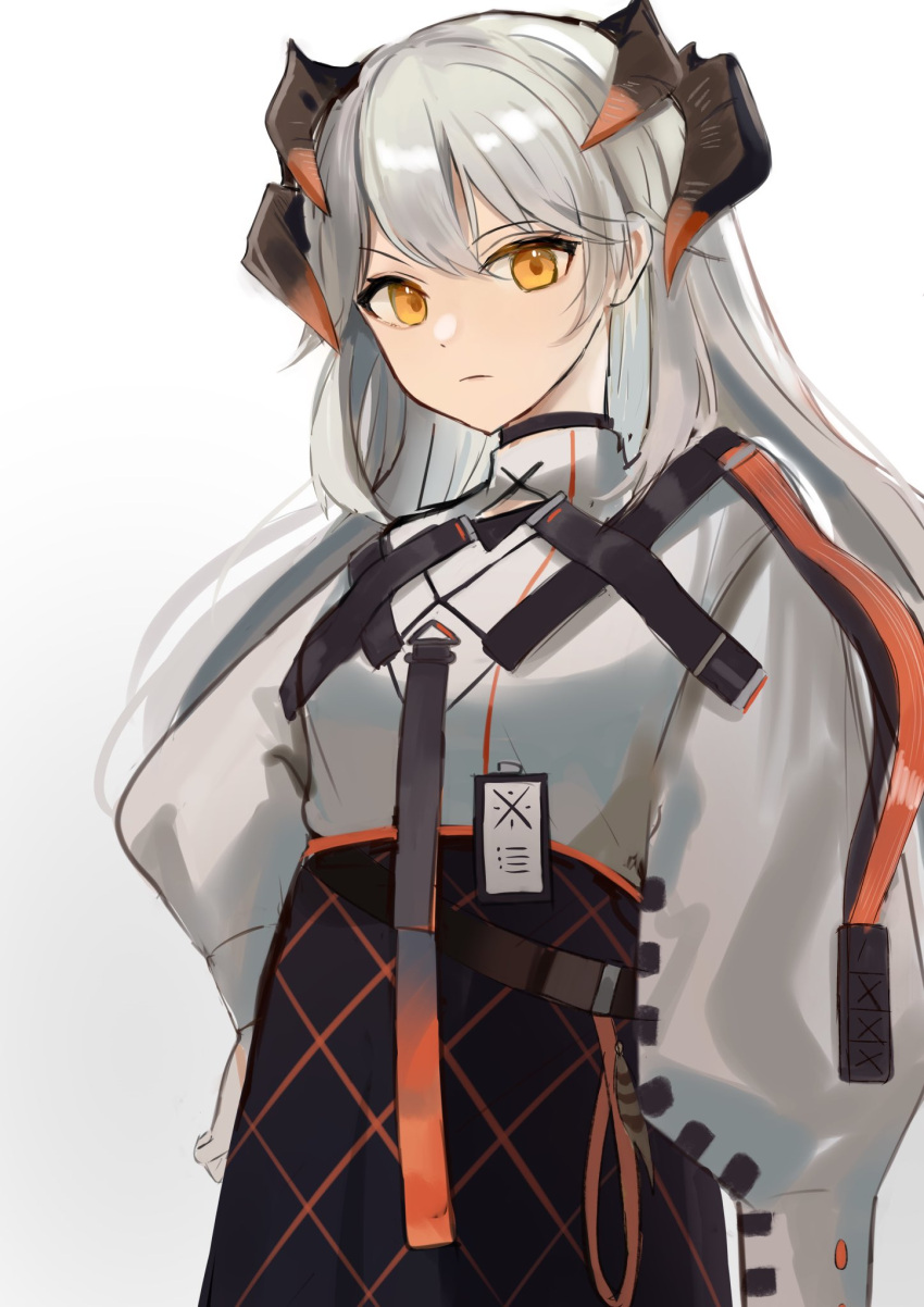 1girl arknights arm_at_side azuazu_0405 bangs black_skirt closed_mouth cowboy_shot dragon_horns eyebrows_visible_through_hair grey_hair hand_on_hip high-waist_skirt highres horns long_hair long_sleeves orange_eyes puffy_long_sleeves puffy_sleeves saria_(arknights) simple_background skirt solo white_background