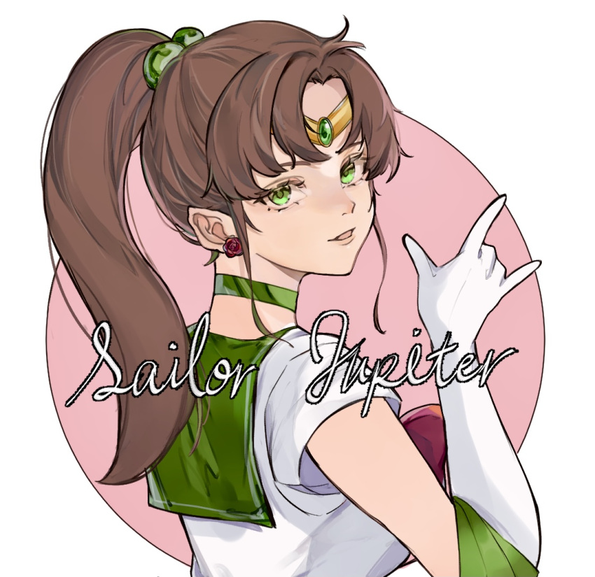 1girl \m/ bishoujo_senshi_sailor_moon brown_hair character_name choker earrings elbow_gloves from_behind gloves green_choker green_eyes hair_behind_ear jewelry kino_makoto looking_at_viewer magical_girl open_mouth ponytail sailor_collar sailor_jupiter sailor_senshi_uniform solo vivi_(skuskuma_) white_gloves