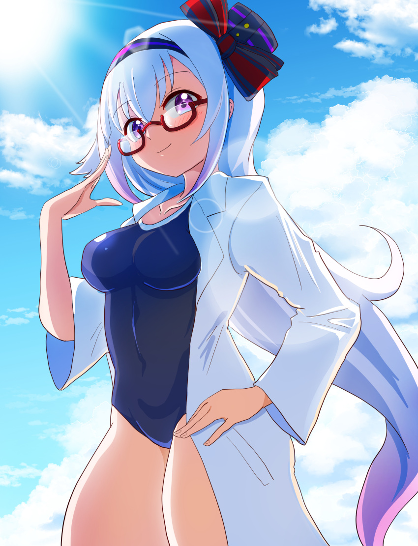 .live 1girl absurdres adjusting_eyewear alternate_costume bespectacled breasts carro_pino collarbone commentary_request glasses hat headband highres labcoat lens_flare long_hair looking_at_viewer medium_breasts purple_hair rikuton school_swimsuit sky solo swimsuit violet_eyes virtual_youtuber
