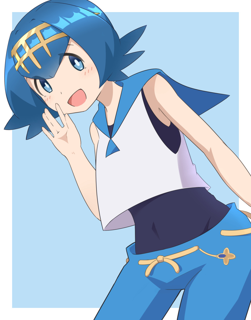 1girl :d absurdres blue_background blue_eyes blue_hair blue_pants blue_sailor_collar border bright_pupils commentary_request cowboy_shot hairband hand_up highres lana_(pokemon) looking_at_viewer magutata no_sclera one-piece_swimsuit open_mouth pants pokemon pokemon_(game) pokemon_sm sailor_collar shiny shiny_hair shirt short_hair sleeveless sleeveless_shirt smile solo swimsuit swimsuit_under_clothes tongue white_border white_pupils white_shirt yellow_hairband
