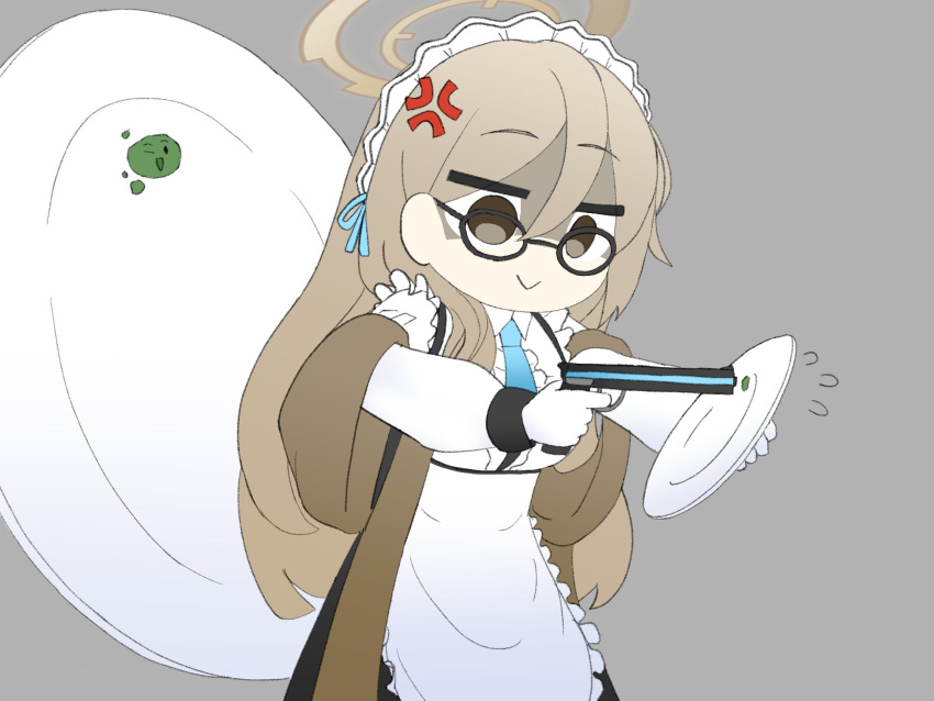 1girl :&gt; akane_(blue_archive) anger_vein apron bangs black_dress blue_archive blue_necktie brown_eyes brown_hair center_frills dress frills glasses grey_background gun halo handgun highres holding holding_gun holding_plate holding_weapon kutsusama long_hair long_sleeves maid_apron necktie pistol plate shaded_face shawl simple_background solo stain upper_body weapon