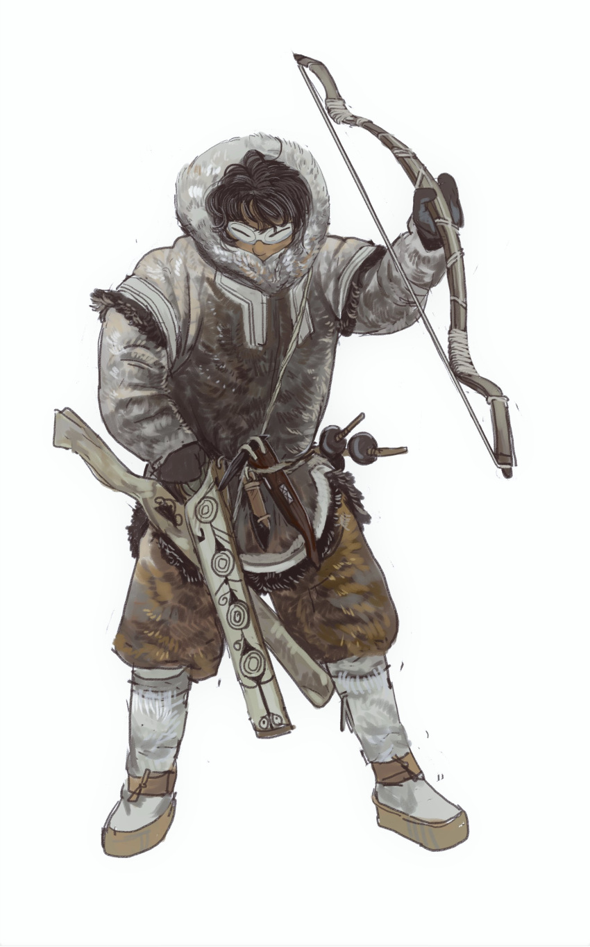 1boy absurdres black_gloves black_hair boots bow_(weapon) brown_pants facing_viewer full_body fur_jacket gloves goggles highres holding holding_bow_(weapon) holding_weapon hood hood_up inuit jacket male_focus mossacannibalis original pants solo standing weapon white_background