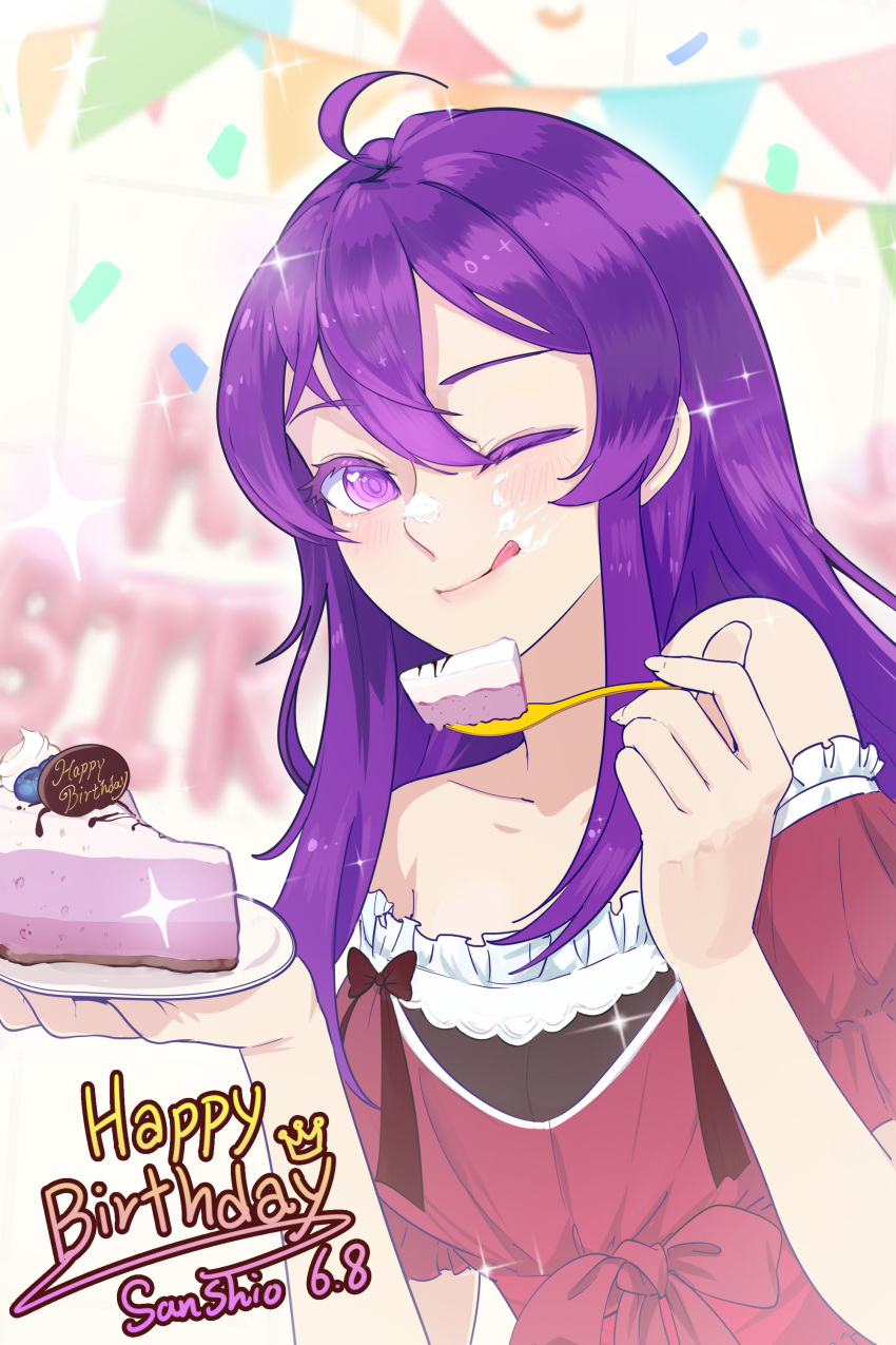 1girl :q absurdres bangs bare_shoulders beifeng_han blush cake cake_slice character_name collarbone confetti cowlick cream cream_on_face dress food food_on_face frills hair_between_eyes happy_birthday highres long_hair miyaura_sanshio off-shoulder_dress off_shoulder one_eye_closed original plate purple_hair red_dress smile sparkle spoon tongue tongue_out upper_body violet_eyes