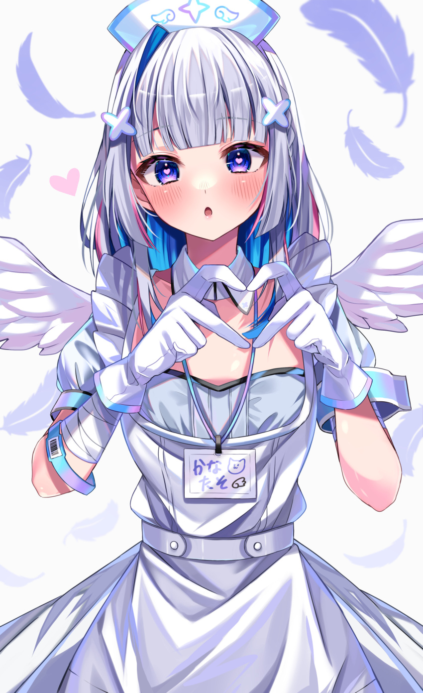 1girl amane_kanata angel_wings apron armband bandaged_arm bandages blue_hair blush braid colored_inner_hair eyebrows_visible_through_hair feathers flat_chest french_braid gloves grey_hair hair_ornament hairclip hat heart heart-shaped_pupils heart_hands highres hololive id_card moonbell multicolored_hair nurse_cap open_mouth solo symbol-shaped_pupils violet_eyes virtual_youtuber wings