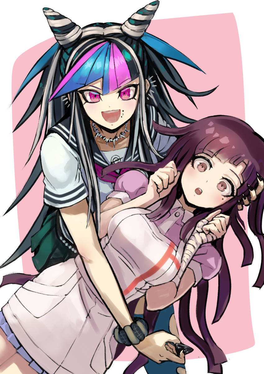 2girls :o absurdres apron bandages bangs black_hair black_nails black_sailor_collar black_skirt blue_hair blush border breasts brown_eyes danganronpa_(series) danganronpa_2:_goodbye_despair eyebrows_visible_through_hair grey_border hair_horns highres holding holding_plectrum long_hair looking_at_viewer miniskirt mioda_ibuki mole mole_under_eye multicolored_hair multiple_girls nail_polish open_mouth piercing pink_background pink_eyes pink_hair pink_shirt pleated_skirt plectrum puffy_short_sleeves puffy_sleeves sailor_collar scrunchie shiny shiny_hair shirt short_sleeves skirt tsumiki_mikan white_hair wrist_scrunchie youko-shima