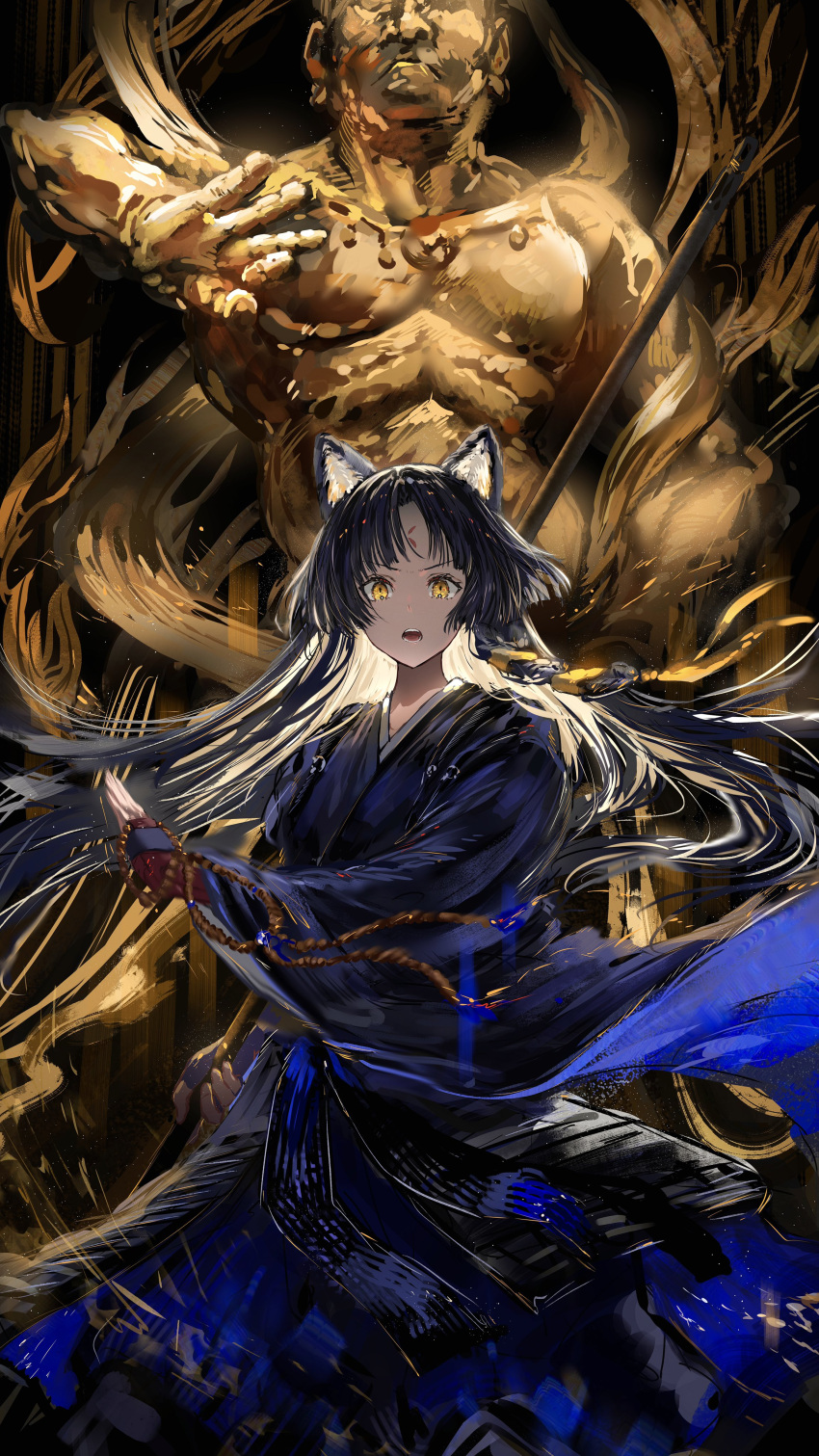 1boy 1girl absurdres animal_ears arknights arm_at_side backlighting beads black_background black_hair buddha clothes_lift dog_ears dog_girl gauntlets gold hair_lift hand_gesture highres holding holding_polearm holding_weapon japanese_clothes jewelry kimono light_particles long_hair long_sleeves looking_at_viewer motion_blur motion_lines nanaponi necklace open_mouth polearm prayer_beads saga_(arknights) serious standing weapon wide_sleeves yellow_eyes