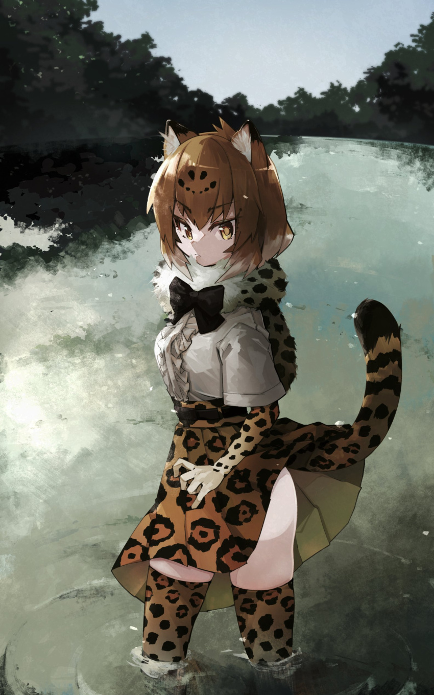 1girl absurdres animal_ears black_bow black_bowtie blonde_hair blush bow bowtie brown_hair center_frills commentary_request eyebrows_visible_through_hair foliage frills fur_collar high-waist_skirt highres jaguar_(kemono_friends) jaguar_ears jaguar_girl jaguar_print jaguar_tail kemono_friends multicolored_hair nanana_(nanana_iz) print_legwear print_skirt shirt short_hair short_sleeves skirt solo tail thigh-highs wading water white_fur white_shirt yellow_eyes zettai_ryouiki