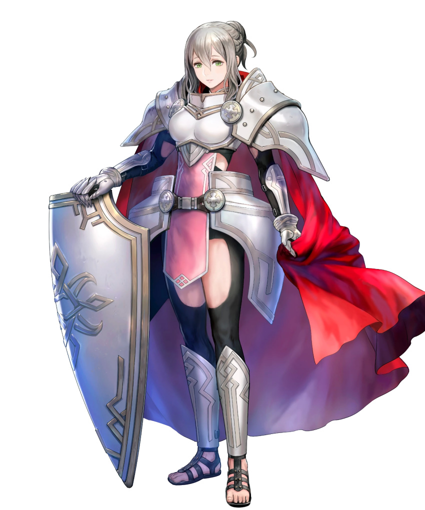 1girl alternate_costume armor asatani_tomoyo bangs bodysuit bodysuit_under_clothes breastplate cape dress effie_(fire_emblem) fire_emblem fire_emblem_fates fire_emblem_heroes full_body gauntlets green_eyes grey_hair hair_bun highres holding lips looking_at_viewer non-web_source official_art parted_lips pelvic_curtain red_cape sandals shield shiny shiny_hair short_dress shoulder_armor single_hair_bun smile solo standing toeless_footwear toes transparent_background