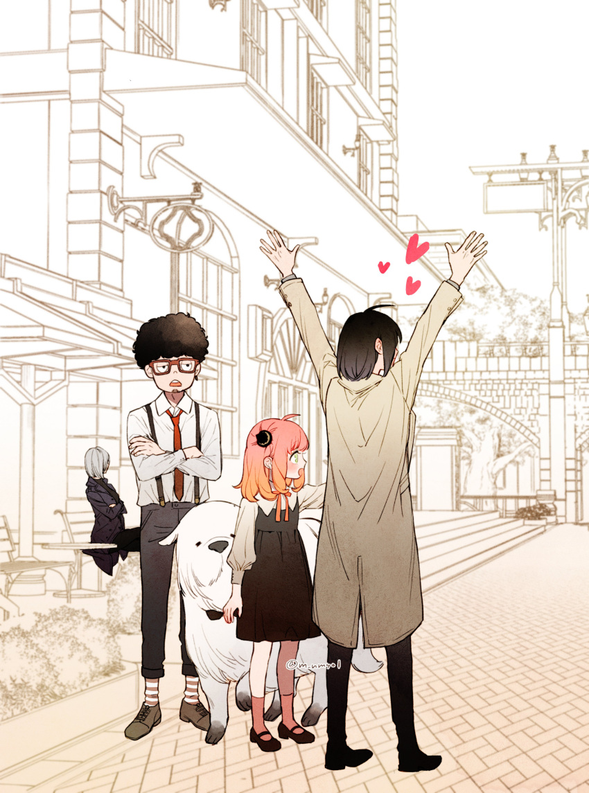 2boys 2girls absurdres afro anya_(spy_x_family) bond_(spy_x_family) brick_road cone_hair_bun dog dress fiona_frost franky_franklin full_body hair_bun heart highres hinamori_(m_nmy01) jitome long_sleeves looking_at_another monochrome multiple_boys multiple_girls older outdoors outstretched_arms pinafore_dress pointing profile puffy_long_sleeves puffy_sleeves red-framed_eyewear road sepia spot_color spy_x_family street suspenders trench_coat yuri_briar