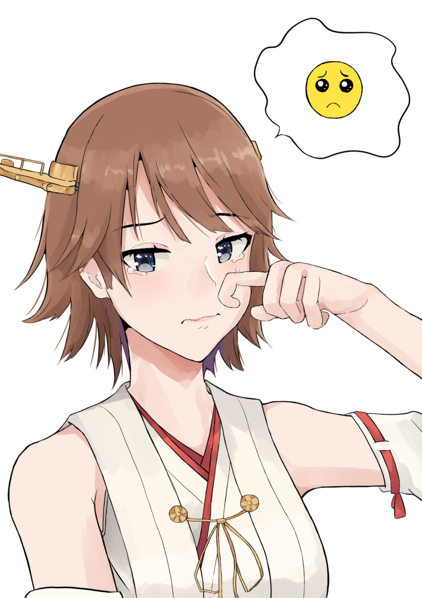 1girl brown_hair detached_sleeves flipped_hair grey_eyes hairband headgear hiei_(kancolle) highres japanese_clothes kantai_collection nakano_kiho ribbon-trimmed_sleeves ribbon_trim sad short_hair simple_background solo speech_bubble white_background