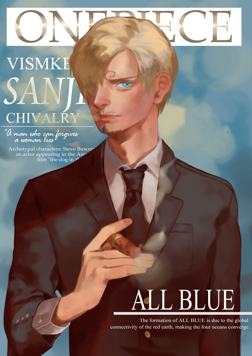 1boy absurdres blonde_hair blue_eyes cigar closed_mouth english_text formal hair_between_eyes highres loisado looking_at_viewer necktie one_eye_covered one_piece sanji_(one_piece) short_hair smoking solo suit