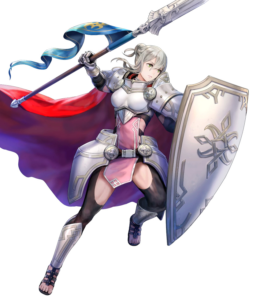 1girl alternate_costume armor asatani_tomoyo bangs bodysuit bodysuit_under_clothes breastplate cape closed_mouth dress effie_(fire_emblem) fire_emblem fire_emblem_fates fire_emblem_heroes full_body gauntlets green_eyes grey_hair hair_bun highres holding holding_polearm holding_weapon leg_up looking_away non-web_source official_art pelvic_curtain polearm red_cape sandals shield shiny shiny_clothes shiny_hair short_dress shoulder_armor single_hair_bun solo spear teeth toeless_footwear toes transparent_background weapon