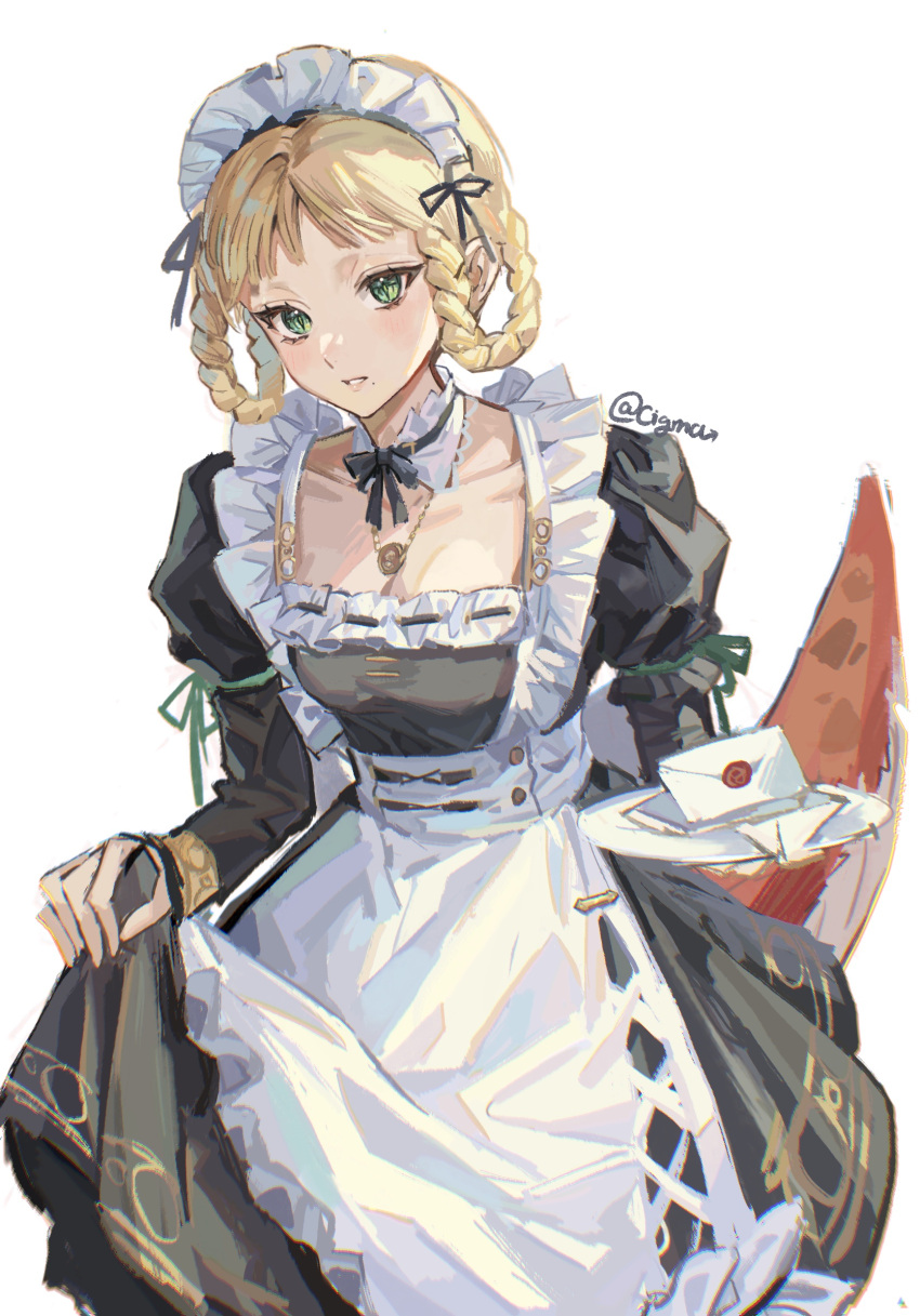 1girl apron bangs black_bow black_bowtie black_dress black_ribbon blonde_hair blush bow bowtie braid breasts cigma cowboy_shot cross-laced_clothes detached_collar dress elden_ring envelope frilled_apron frilled_sleeves frills green_eyes green_ribbon hair_ribbon hair_rings highres holding holding_plate jewelry layered_sleeves lizard_tail long_sleeves looking_at_viewer maid_apron maid_headdress mole mole_under_mouth necklace pendant plate puffy_short_sleeves puffy_sleeves ribbon ribbon_trim rya_(elden_ring) short_over_long_sleeves short_sleeves simple_background skirt_hold solo tail twin_braids updo waist_apron white_apron white_background