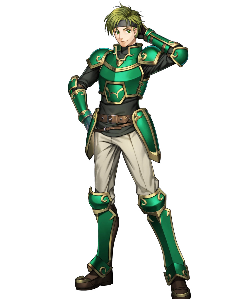 1boy arm_behind_head arm_up armor artist_request bangs boots closed_mouth elbow_pads fire_emblem fire_emblem:_the_blazing_blade fire_emblem_heroes full_body gauntlets green_armor green_eyes green_hair hand_on_hip headband highres knee_boots long_sleeves looking_at_viewer non-web_source official_art pants sain_(fire_emblem) short_hair shoulder_armor smile standing transparent_background turtleneck