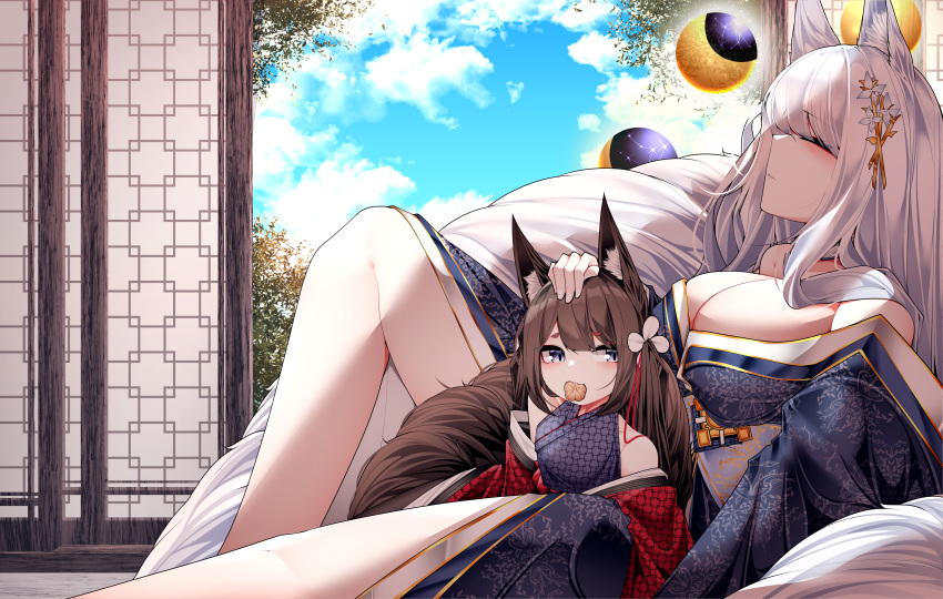 2girls absurdres amagi-chan_(azur_lane) animal_ear_fluff animal_ears azur_lane breasts brown_hair brown_tail closed_eyes coat floral_print fox_ears headpat highres huge_breasts indoors japanese_clothes kimono kitsune kyuubi long_hair moon_phases multiple_girls multiple_tails off_shoulder purple_kimono red_coat samip shinano_(azur_lane) slit_pupils tail white_hair white_tail