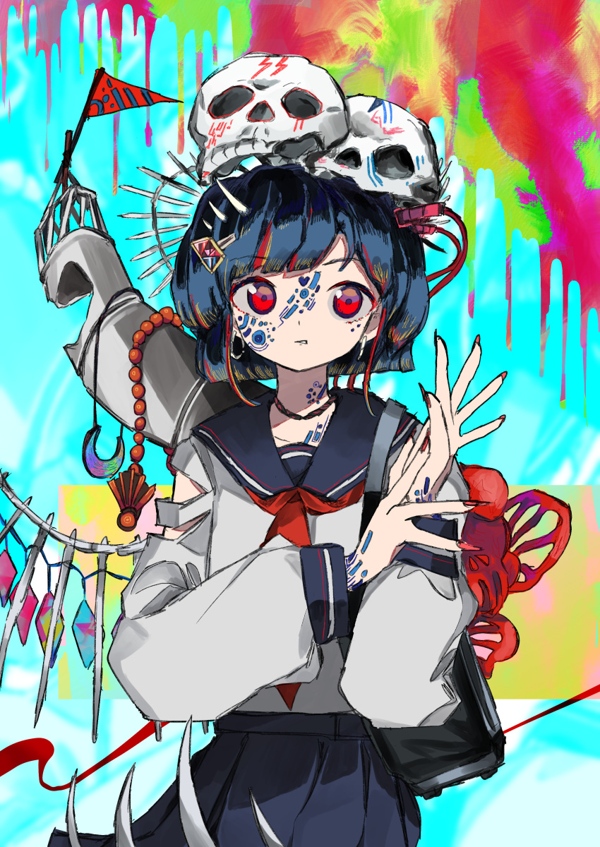 1girl abstract_background absurdres bangs beads biting black_hair black_skirt blunt_bangs bone cable colorful cowboy_shot crescent earrings fingernails flag hair_ornament highres jewelry lip_biting long_sleeves looking_to_the_side multicolored_background neruzou original pleated_skirt red_eyes red_nails sailor_collar school_uniform short_hair skirt skull_on_head smokestack solo standing surreal