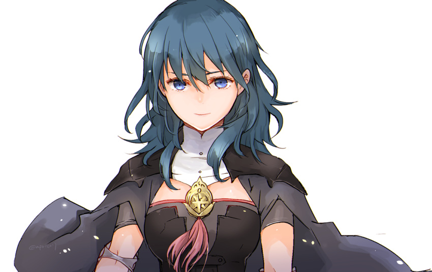 1girl bangs blue_eyes blue_hair breasts byleth_(fire_emblem) byleth_eisner_(female) cape closed_mouth fire_emblem fire_emblem:_three_houses grey_cape hair_between_eyes long_hair medium_breasts robaco short_sleeves simple_background smile solo straight_hair upper_body white_background