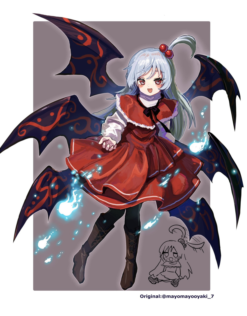 1girl :d black_footwear boots chibi chibi_inset dress full_body hair_bobbles hair_ornament highres hitodama howhow_notei long_hair long_sleeves multiple_wings one_side_up open_mouth red_eyes shinki_(touhou) smile solo touhou touhou_(pc-98) wings