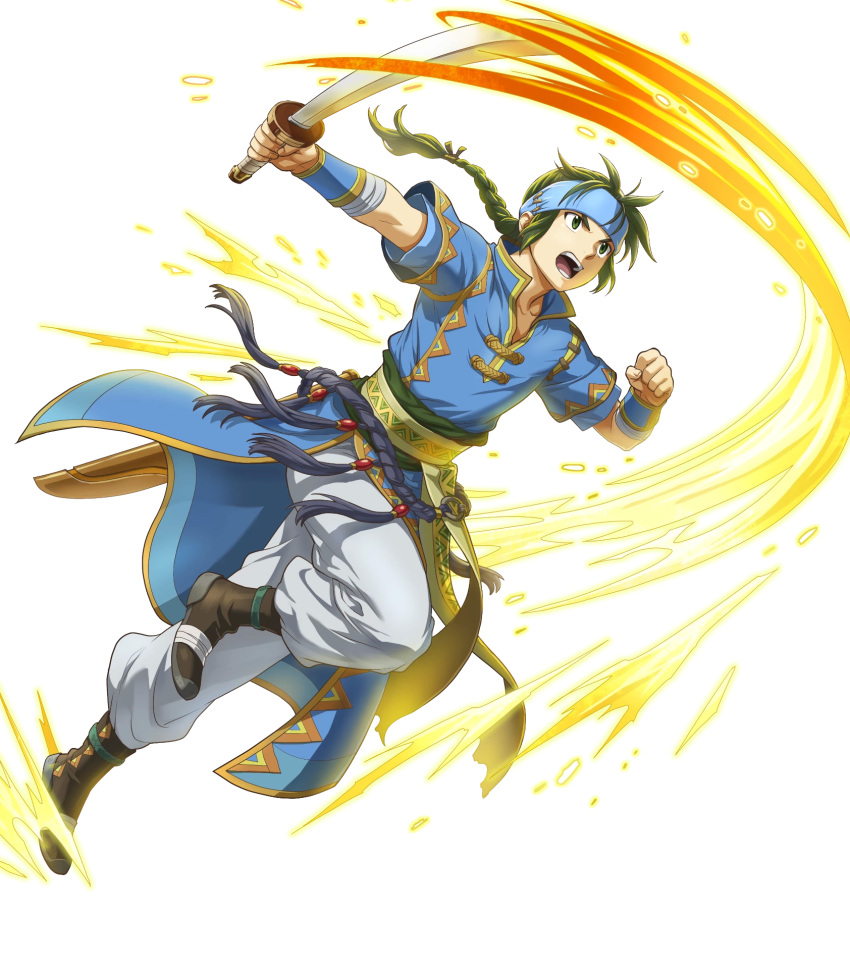1boy bangs belt boots braid clenched_hand fire_emblem fire_emblem:_the_blazing_blade fire_emblem_heroes full_body gold_trim green_eyes green_hair guy_(fire_emblem) headband highres holding holding_sword holding_weapon indesign leg_up long_hair looking_away male_focus non-web_source noots official_art pants pelvic_curtain short_sleeves single_braid slashing solo sword transparent_background weapon