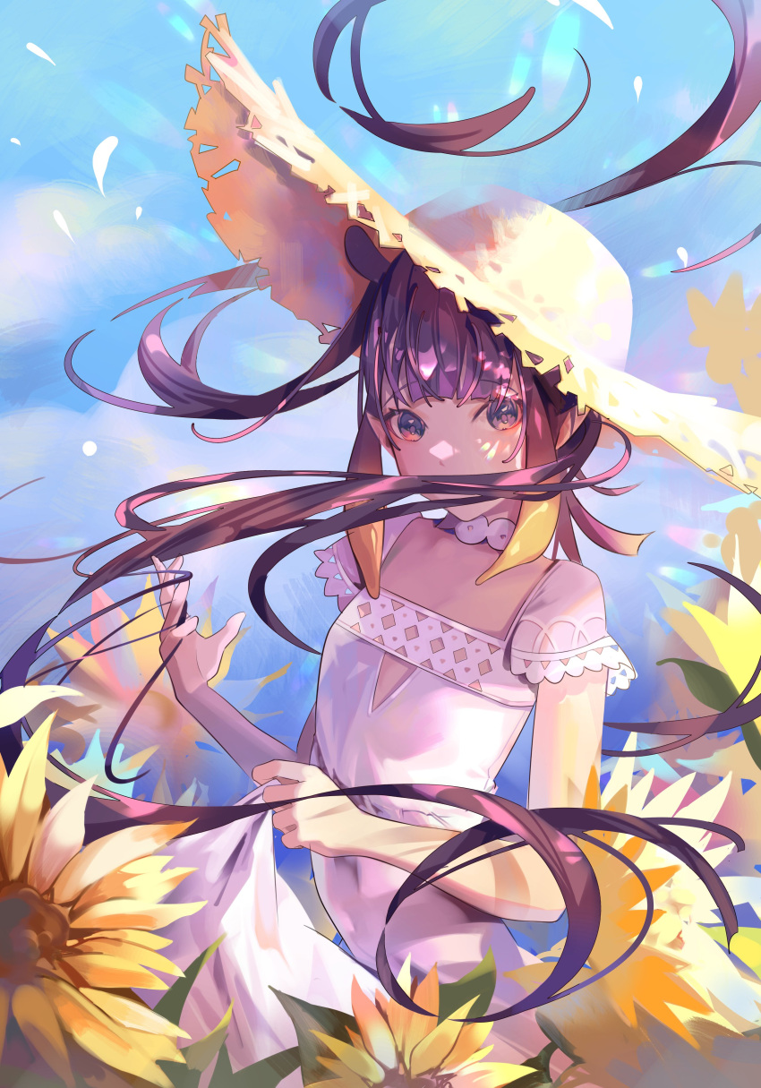 1girl absurdres bangs blunt_bangs dress eyebrows_visible_through_hair flower hat highres hololive hololive_english long_hair looking_at_viewer meiyan_(boyimachao) multicolored_hair ninomae_ina'nis orange_hair pointy_ears purple_hair solo sunflower tentacle_hair virtual_youtuber