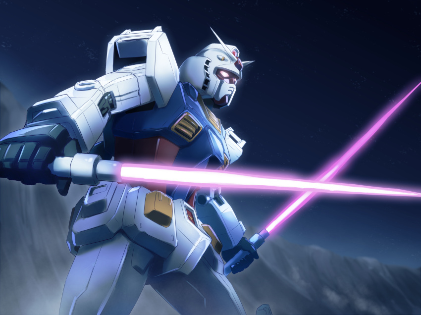 absurdres beam_saber commentary dual_wielding energy_sword glowing glowing_eyes gundam highres holding mecha mobile_suit mobile_suit_gundam mobile_suit_gundam:_cucuruz_doan's_island night night_sky pink_eyes rx-78-2 science_fiction siratori_(yy_203) sky solo sword upper_body v-fin weapon