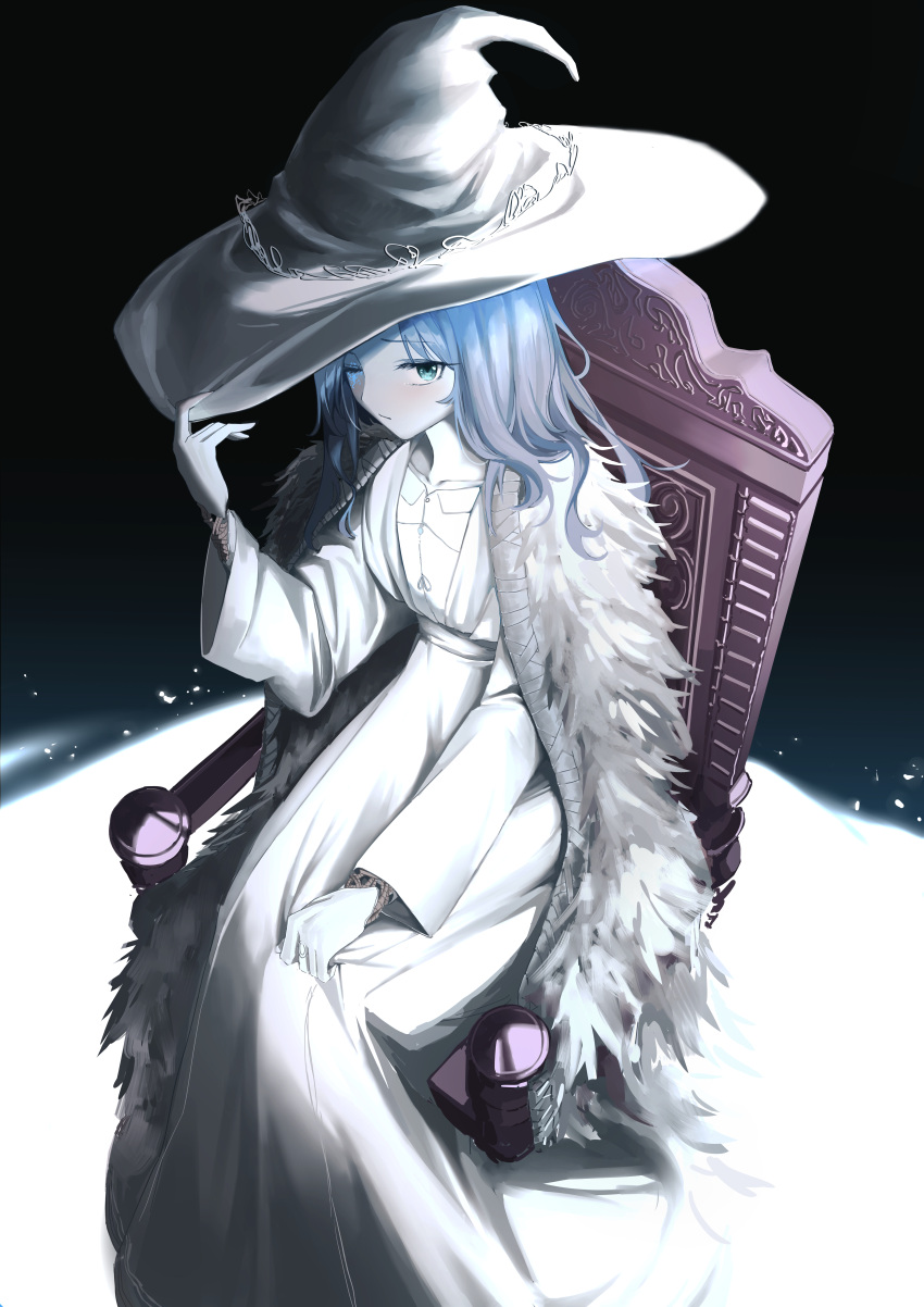 1girl absurdres alter_sang blue_eyes blue_hair blue_skin blush chair cloak closed_mouth colored_skin cracked_skin doll_joints dress elden_ring extra_arms fur_cloak hat highres joints long_hair looking_at_viewer one_eye_closed ranni_the_witch solo white_dress white_headwear witch witch_hat