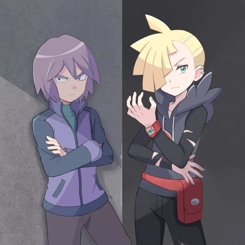 2boys ahoge bangs black_eyes blonde_hair bracelet brown_pants closed_mouth commentary_request covered_collarbone crossed_arms ear_piercing fanny_pack gladion_(pokemon) green_eyes green_shirt hair_over_one_eye hand_up highres hood hood_down hoodie jacket jewelry male_focus mei_(maysroom) multiple_boys pants paul_(pokemon) piercing pokemon pokemon_(anime) pokemon_dppt_(anime) pokemon_sm_(anime) purple_hair red_bag shirt short_hair torn_clothes z-ring