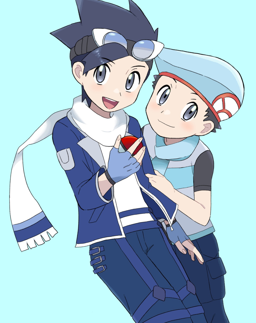 2boys :d alternate_color black_hair blue_jacket blue_pants commentary_request ethan_(pokemon) fingerless_gloves gloves goggles goggles_on_head grey_eyes grey_gloves hat highres holding holding_poke_ball jacket lucas_(pokemon) male_focus multiple_boys official_alternate_costume open_clothes open_jacket open_mouth pants poke_ball poke_ball_(basic) pokemon pokemon_(game) pokemon_masters_ex sana_(37pisana) scarf short_hair smile spiky_hair teeth tongue upper_teeth white_scarf