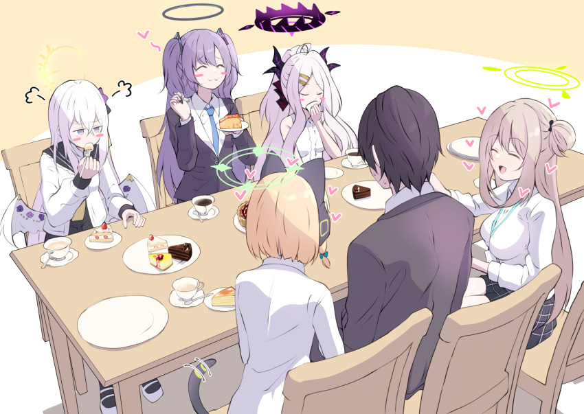 1boy 5girls :d ^_^ ^o^ ahoge animal_ears azusa_(blue_archive) bangs black_hair blazer blue_archive blush_stickers brown_hair business_suit cat_ears cat_girl cat_tail chair closed_eyes coffee collared_shirt commentary_request cup demon_girl demon_horns eating eyebrows_visible_through_hair fake_animal_ears fake_tail feathered_wings feeding flower food fork formal from_behind hair_between_eyes hair_bun hair_flower hair_ornament halo heart highres hina_(blue_archive) holding holding_fork horns jacket light_brown_hair long_hair long_sleeves looking_at_another midori_(blue_archive) multiple_girls necktie nonomi_(blue_archive) one_side_up parted_bangs plaid plaid_skirt plate pleated_skirt purple_hair school_uniform sensei_(blue_archive) serafuku shirt short_hair sidelocks single_hair_bun single_side_bun skirt sleeveless smile spoon strawberry_shortcake suit sweatdrop table tail tea teacup tonomiya68 violet_eyes white_hair white_shirt white_wings wings yuuka_(blue_archive)