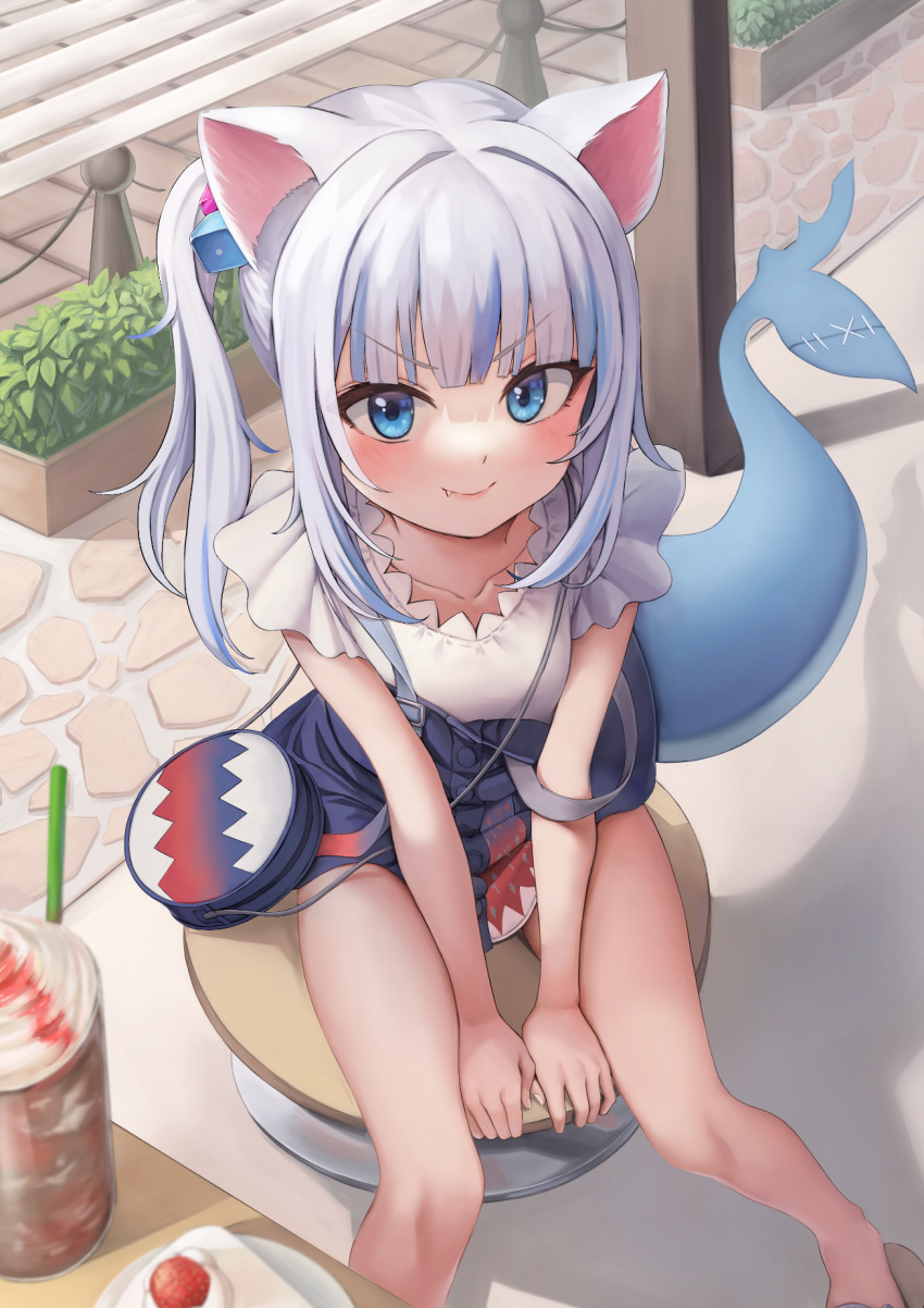 1girl animal_ears bangs bare_arms bare_legs blue_eyes blush breasts casual cat_ears chirang closed_mouth collarbone cup day drinking_straw eyebrows_visible_through_hair fish_tail food frills from_above fruit gawr_gura hair_ornament highres hololive hololive_english kemonomimi_mode long_hair looking_at_viewer multicolored_hair off_shoulder outdoors shark_girl shark_tail shirt sidelocks sitting sleeveless smile solo strawberry streaked_hair tail thighs twintails virtual_youtuber white_hair white_shirt