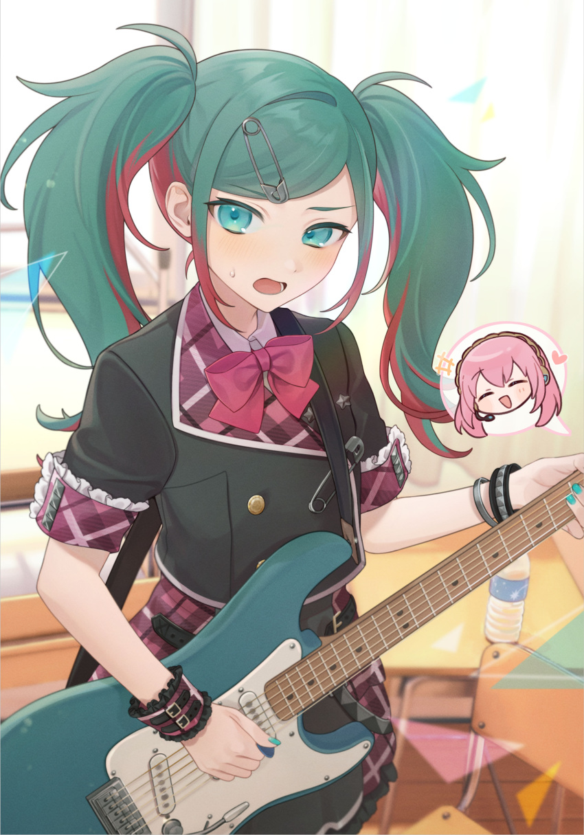 1girl absurdres blush chibi chibi_inset flustered green_eyes green_hair guitar hair_ornament hairclip hatsune_miku highres holding holding_instrument indoors instrument leo/need_(project_sekai) megurine_luka multicolored_hair pink_hair project_sekai school_uniform solo twintails vocaloid vs0mr