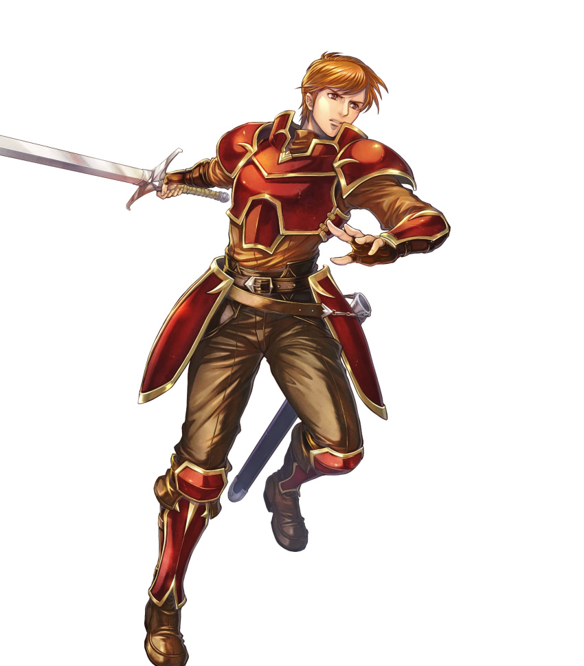 1boy arm_guards armor bangs boots brown_eyes brown_footwear brown_hair brown_pants fingerless_gloves fire_emblem fire_emblem:_the_blazing_blade fire_emblem_heroes gloves highres holding holding_sword holding_weapon kent_(fire_emblem) knee_boots long_sleeves looking_away male_focus non-web_source official_art pants shiny shiny_hair short_hair shoulder_armor sword takaya_tomohide transparent_background turtleneck weapon