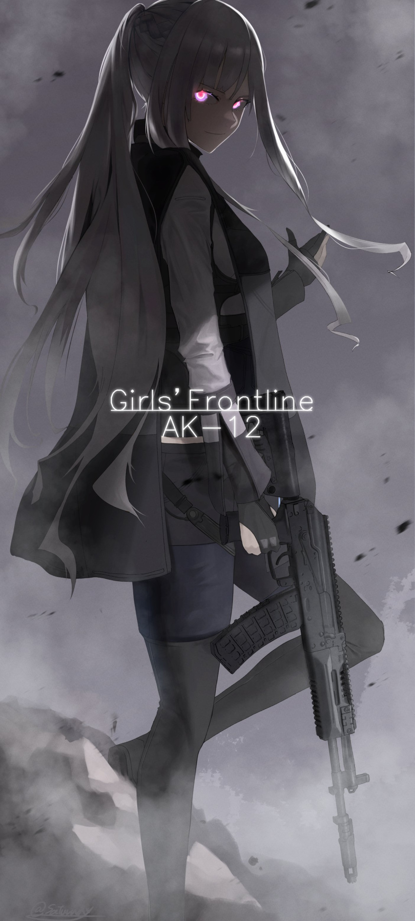 1girl absurdres ak-12_(girls'_frontline) artificial_eye assault_rifle black_pants braid closed_mouth french_braid girls_frontline gloves glowing glowing_eyes gun high_ponytail highres holding holding_gun holding_weapon kalashnikov_rifle long_hair looking_at_viewer mechanical_eye pants partially_fingerless_gloves rifle saturndxy sidelocks smile standing tactical_clothes violet_eyes weapon